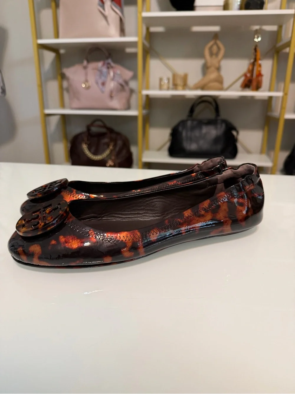 Tory Burch Tortoiseshell Patent Reva Ballet Flats - Brown/Black/Amber Sz 8.5